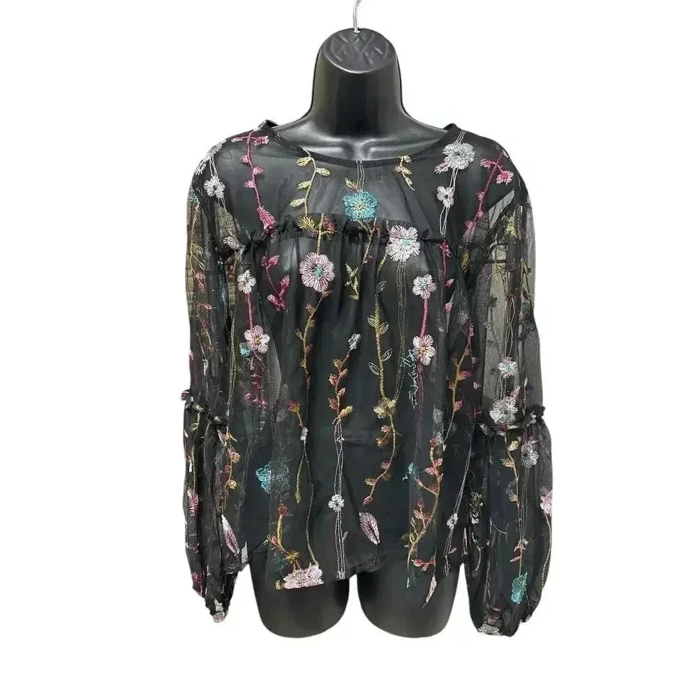 A New Day Women's Sheer Floral Embroidered Blouse Size Medium